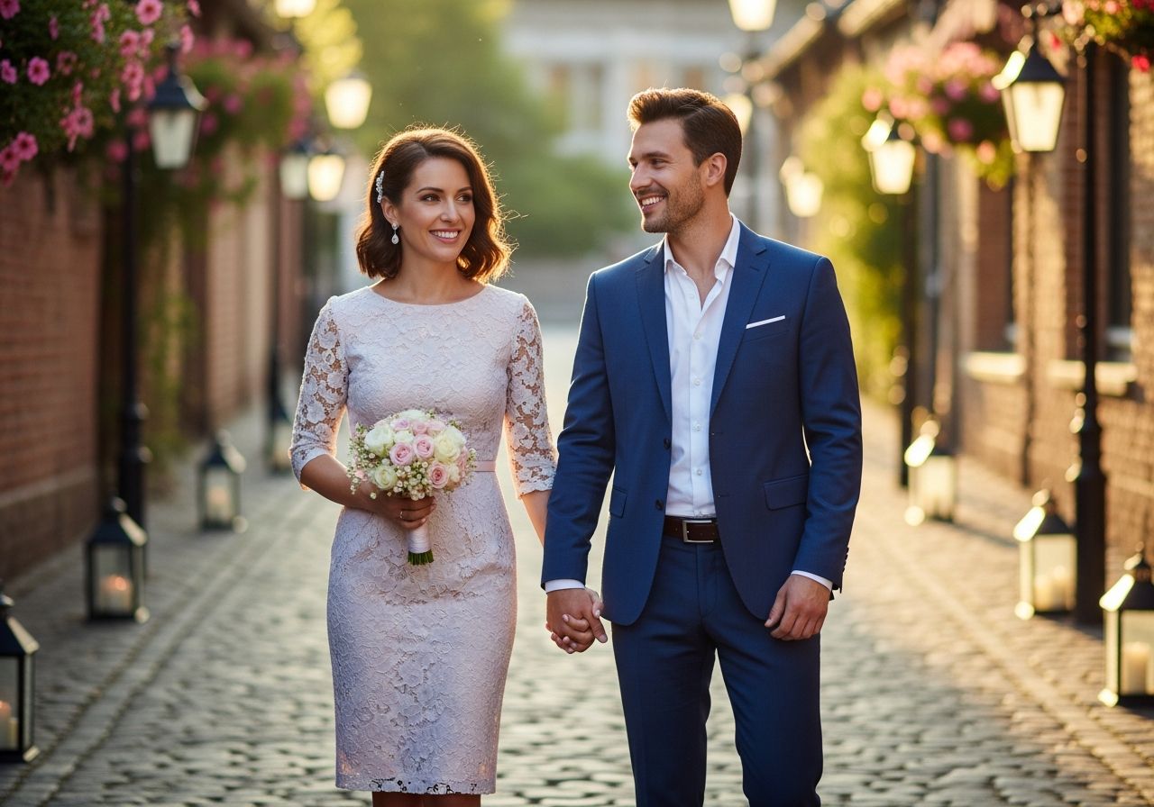 Elegantní pár slaví výročí svatby venku při zlaté hodině, drží se za ruce na dlážděné ulici.