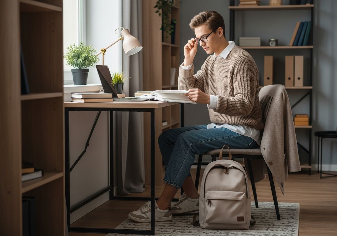 Student u studijního stolu připravuje se na zkoušku v osvětleném pokoji s notebookem a poznámkovým blokem.