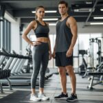 Mladý muž a žena v moderním gymu v sportovním oblečení z prodyšných a funkčních materiálů.