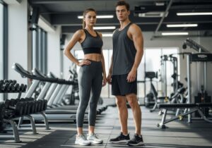 Mladý muž a žena v moderním gymu v sportovním oblečení z prodyšných a funkčních materiálů.