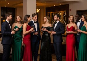 Skupina mladých lidí v elegantním oblečení na stylové vnitřní párty s nápoji a konverzacemi.
