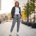 Mladá žena v módních dámských teplácích stojí v městském prostředí za zlaté hodiny.