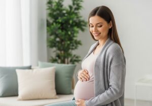 Šťastná těhotná žena v pohodlném oblečení stojí v moderním obývacím pokoji s rostlinou v pozadí
