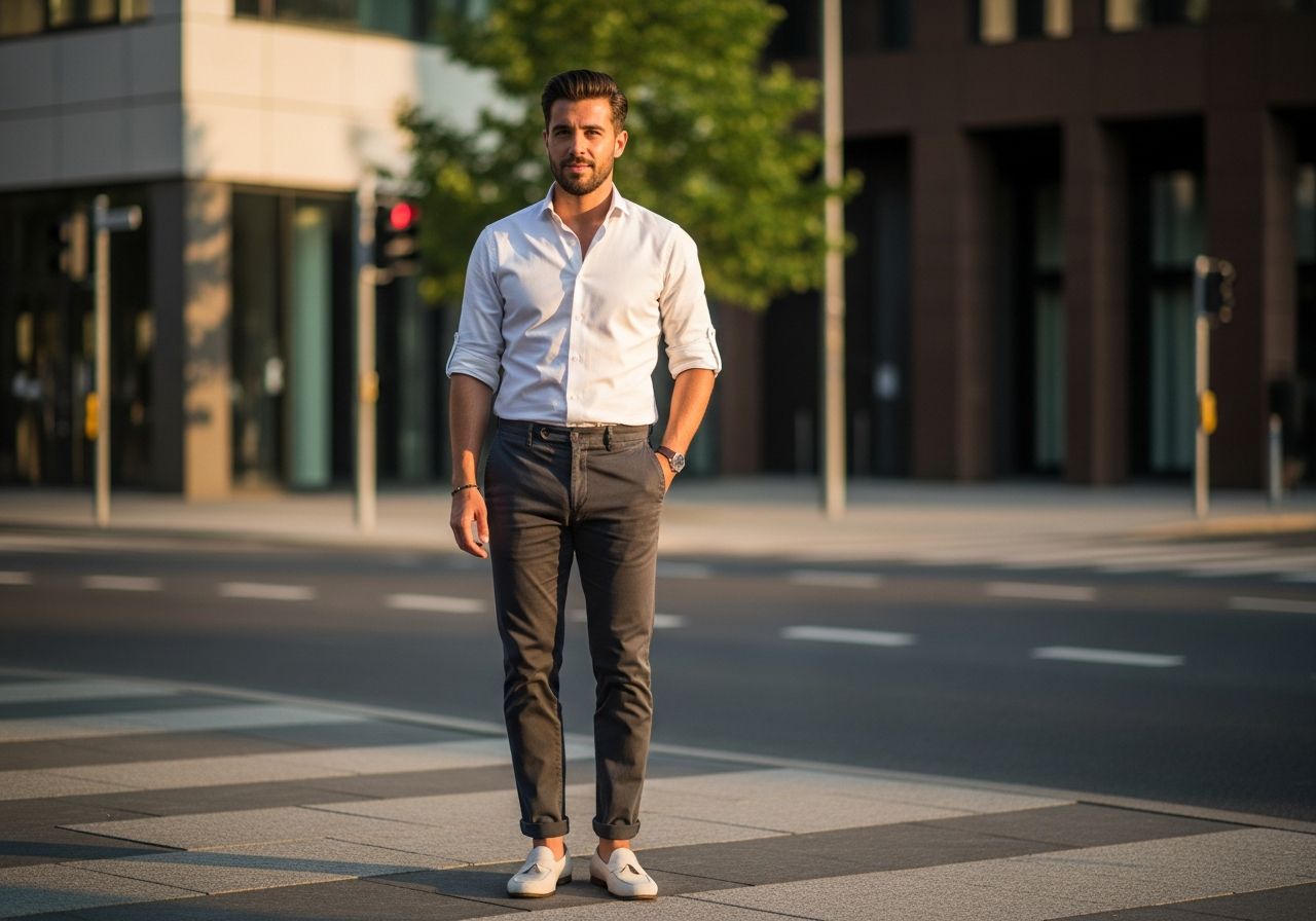 Muž v bílé košili stojí v městské ulici za zlaté hodiny, s rukou v kapse a lehkým úsměvem.