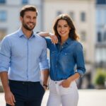 Muž a žena ve modrých košilích stojí venku, usmívají se, městské pozadí, přirozené světlo.