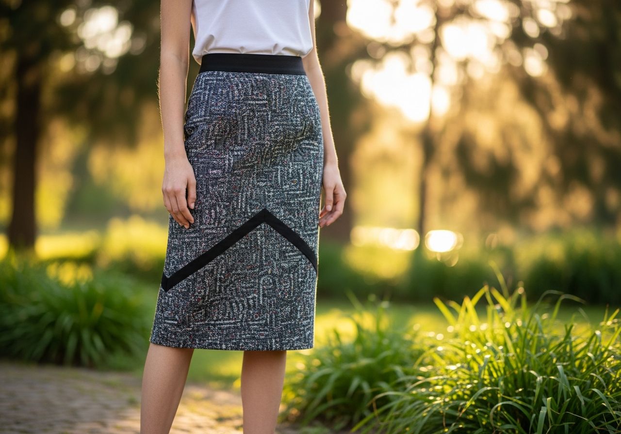 Stylová žena v moderní sukni stojí venku u zeleně za přirozeného světla.
