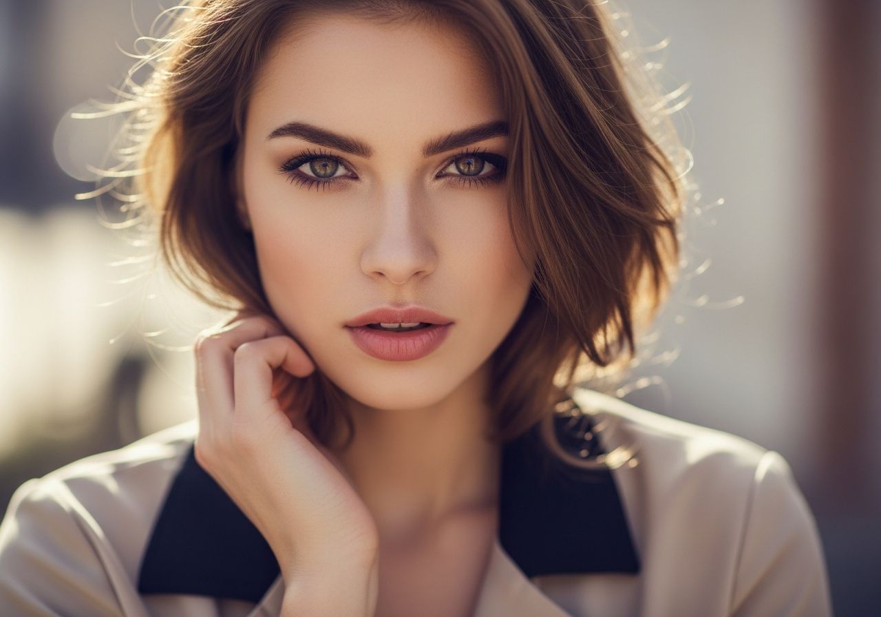 Fotorealistický portrét mladé ženy s přirozeným výrazem a moderním elegantním oblečením, rozostřené pozadí