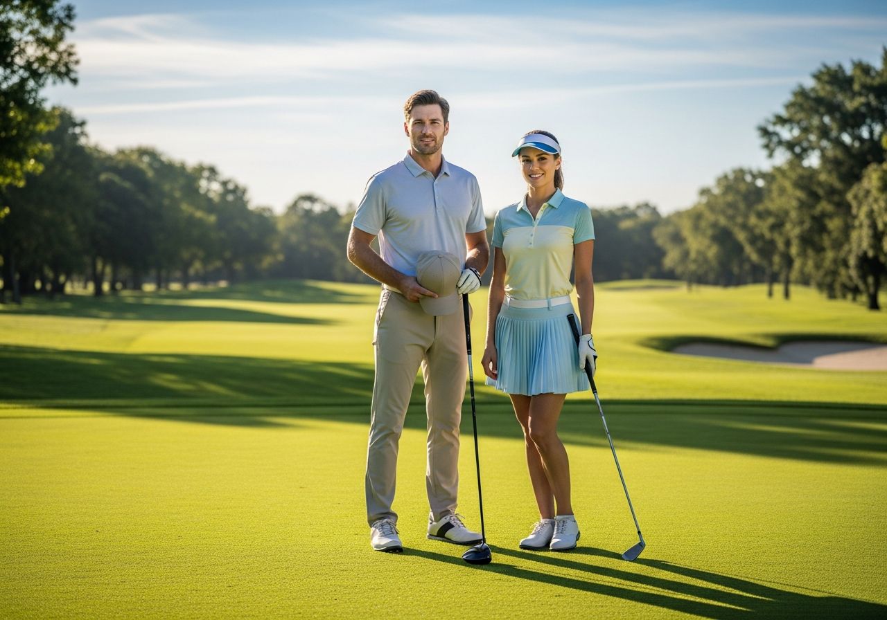 Muž a žena v golfovém oblečení stojí na zeleném golfovém hřišti za slunečného dne