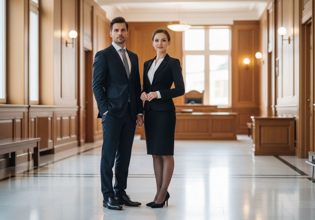 Muž a žena v soudní chodbě v obleku a formálním oblečení, dřevěné panely a vážná atmosféra
