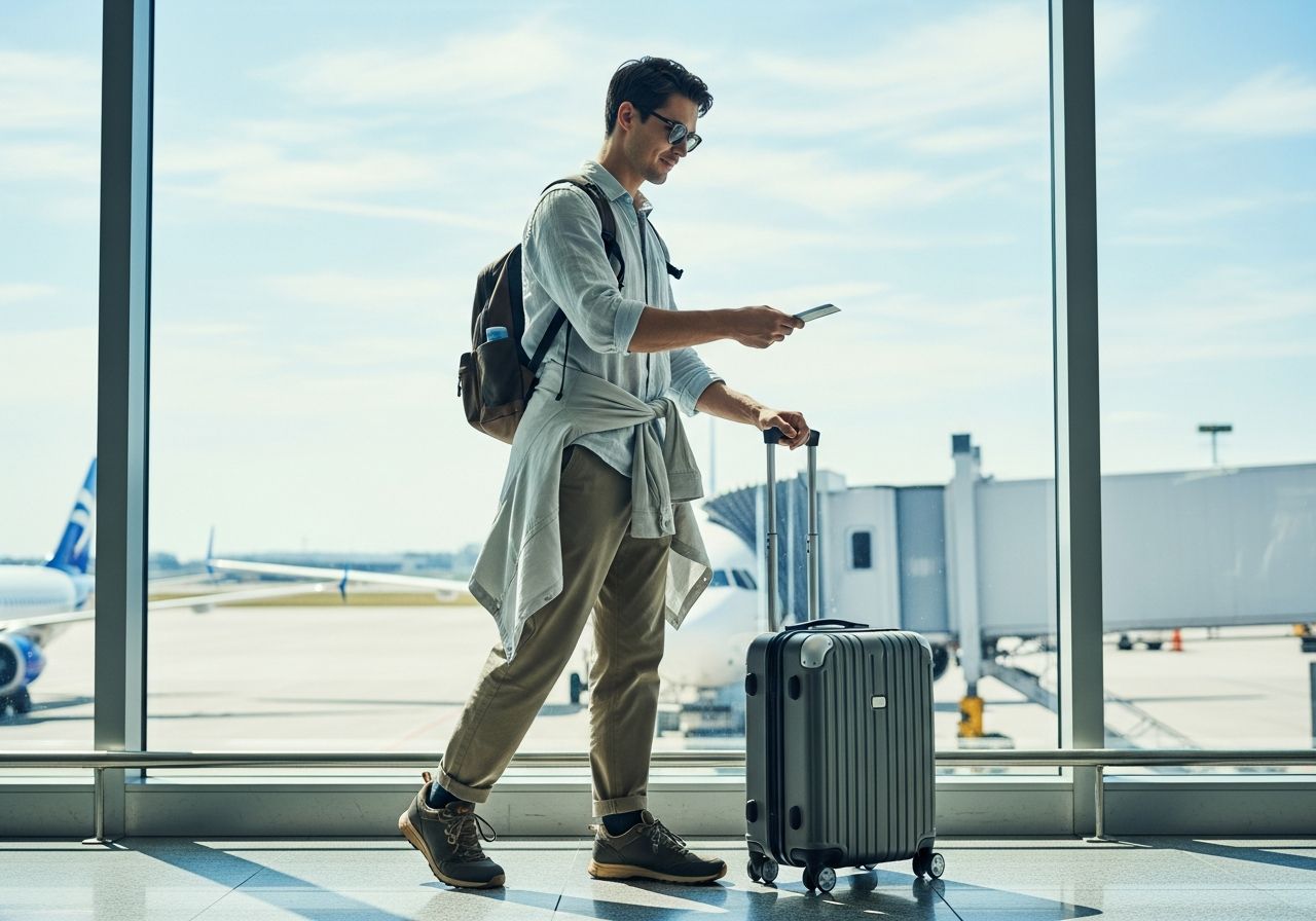 Mladý cestovatel na letišti s příručním zavazadlem připravený na let do Řecka v pohodlném oblečení