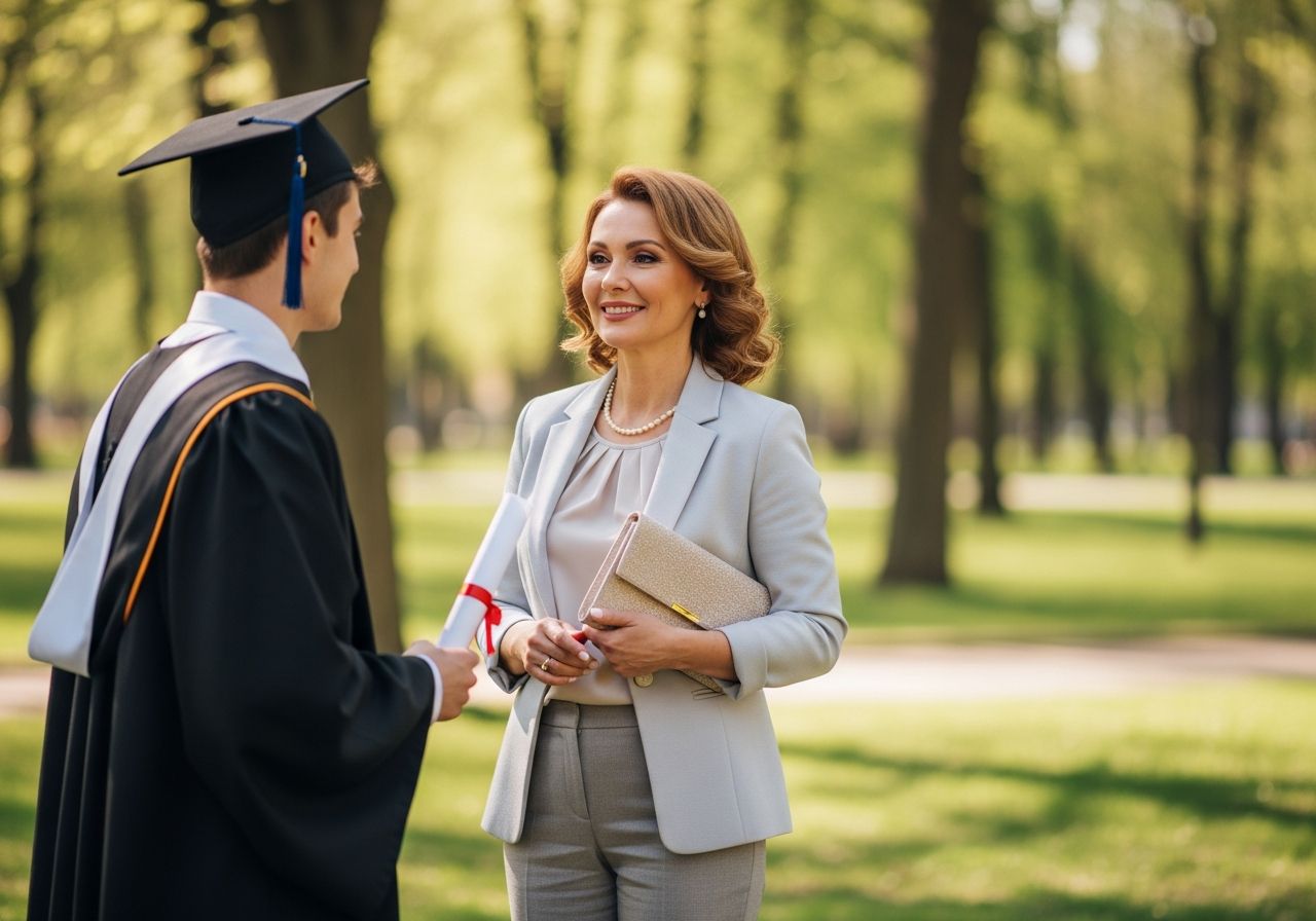 Středně stará žena v pastelovém obleku s diplomem a mladým mužem v promoční róbě v parku
