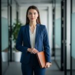Mladá profesionálka v tmavomodrém obleku drží kožené portfolio v kancelářské chodbě.