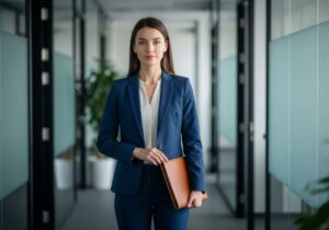 Mladá profesionálka v tmavomodrém obleku drží kožené portfolio v kancelářské chodbě.