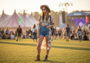 Mladá žena na hudebním festivalu ve stylovém oblečení během zlaté hodiny, s kloboukem a batohem.