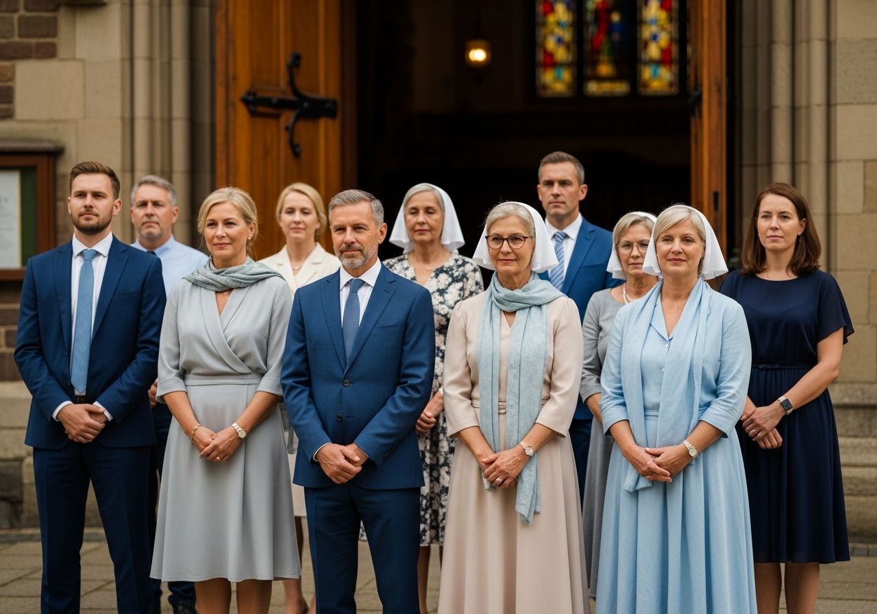 Skupina lidí v oblečení stojí před tradičním kostelem, oděni v formálním a skromném stylu.
