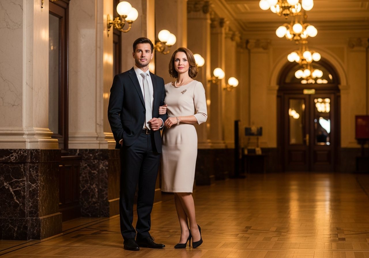 Elegantly oblečený pár v lobby koncertní síně před filharmonickým vystoupením