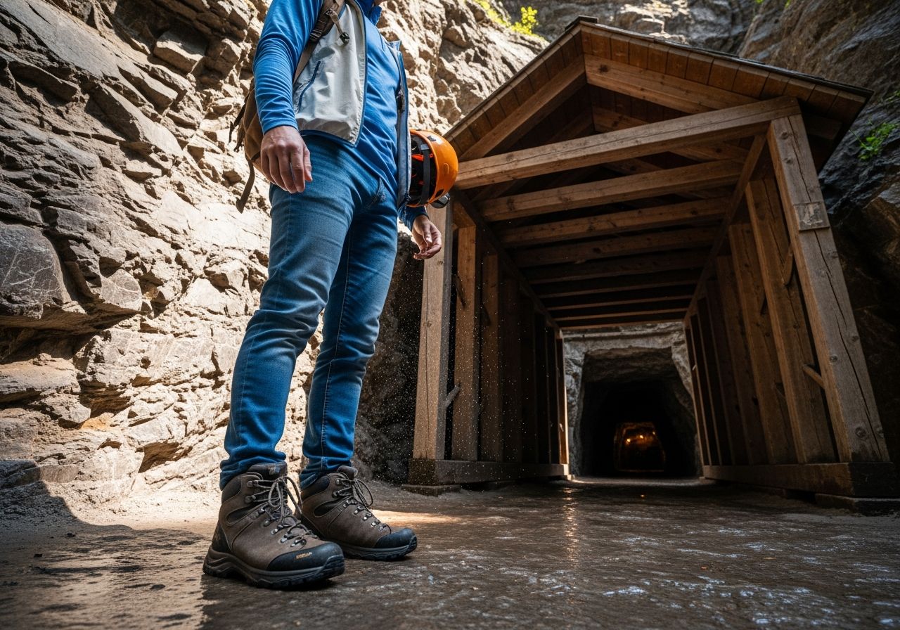 Turista u vstupu do solného dolu Wieliczka s přilbou, batůžkem a outdoorovým oblečením.