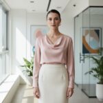 Žena v kanceláři v elegantní sukni a blůze, s upravenými vlasy a přirozeným denním světlem kolem.