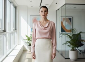 Žena v kanceláři v elegantní sukni a blůze, s upravenými vlasy a přirozeným denním světlem kolem.