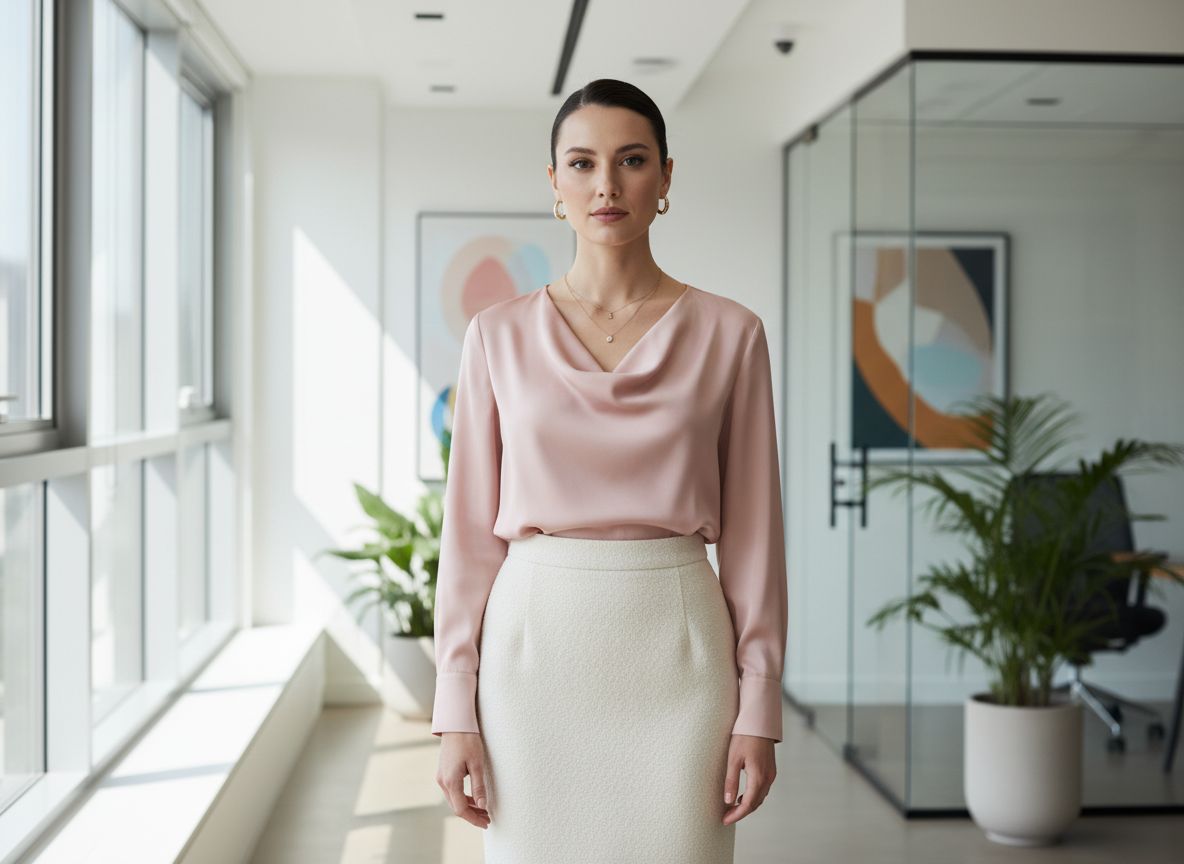 Žena v kanceláři v elegantní sukni a blůze, s upravenými vlasy a přirozeným denním světlem kolem.