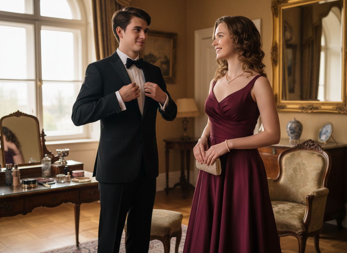 Mladý pár se připravuje na formální osmnáctiny v elegantní místnosti s vintage dekoracemi.