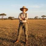 Cestovatel v lehkém safari oblečení stojí na africké savaně při zlaté hodině pod akáciemi.