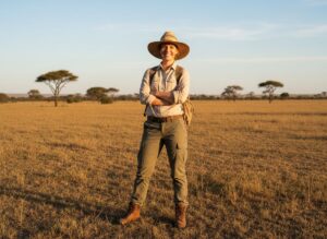 Cestovatel v lehkém safari oblečení stojí na africké savaně při zlaté hodině pod akáciemi.