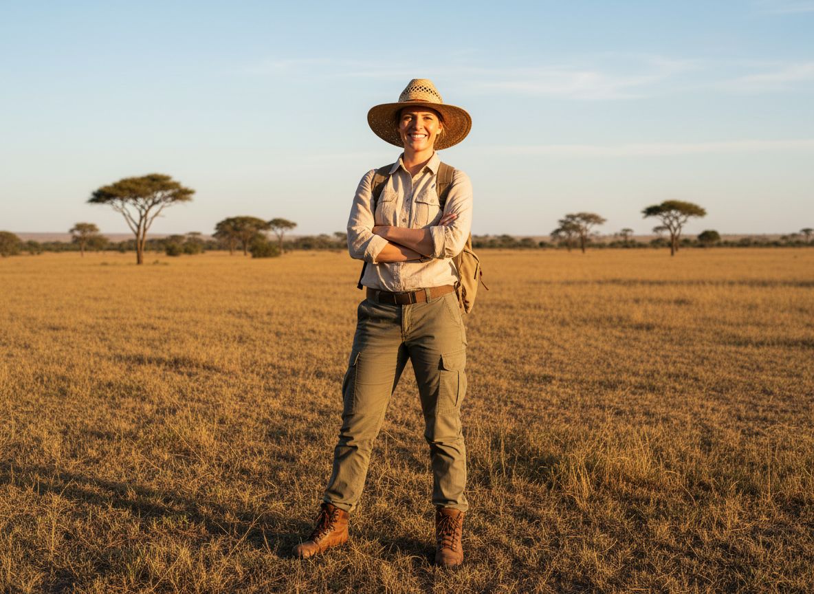 Cestovatel v lehkém safari oblečení stojí na africké savaně při zlaté hodině pod akáciemi.