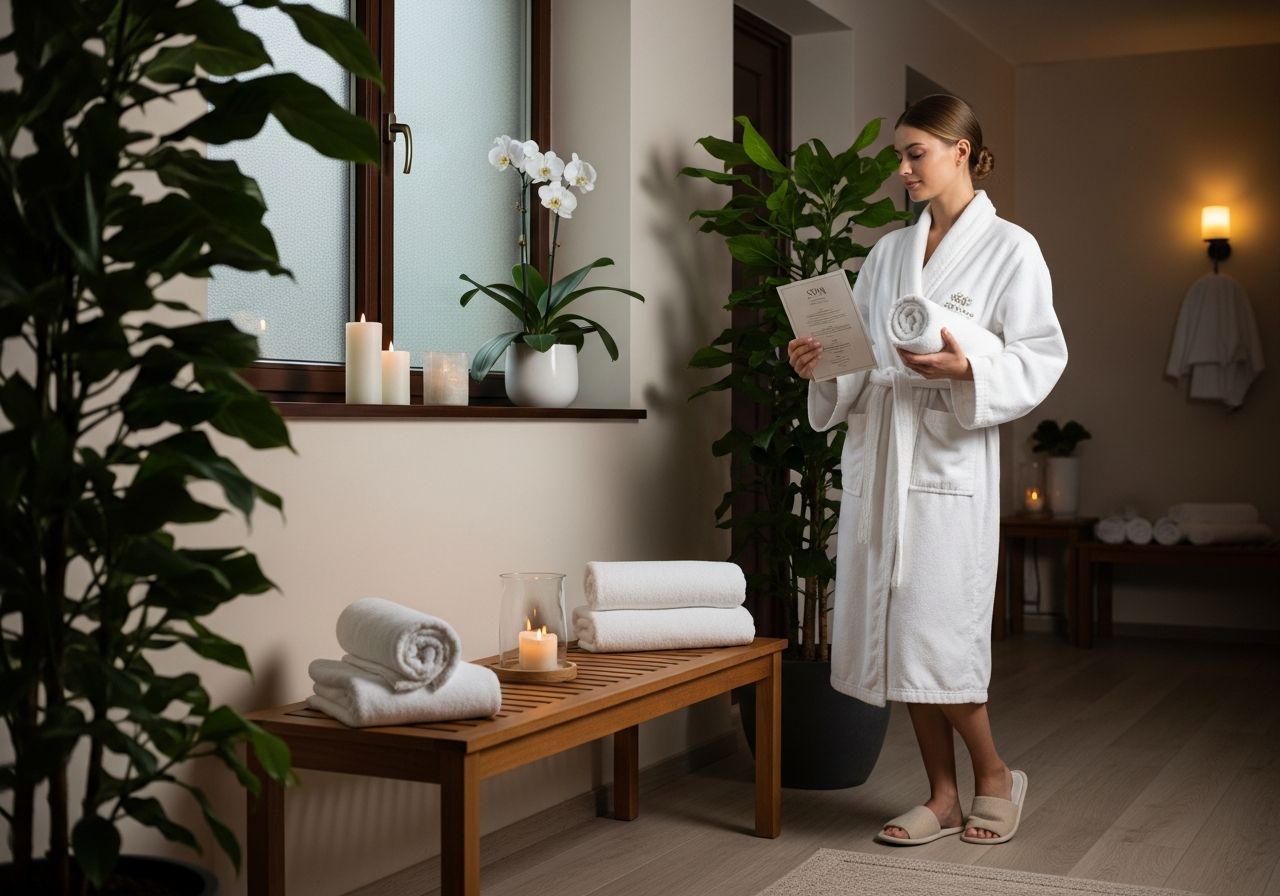 Žena v županu u spa menu v tichém hotelovém spa s ručníky, svíčkami a rostlinami.