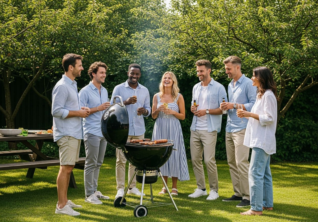 Lidé u grilu v zahradě, oblečení na léto, smějí se a užívají si společný čas venku.