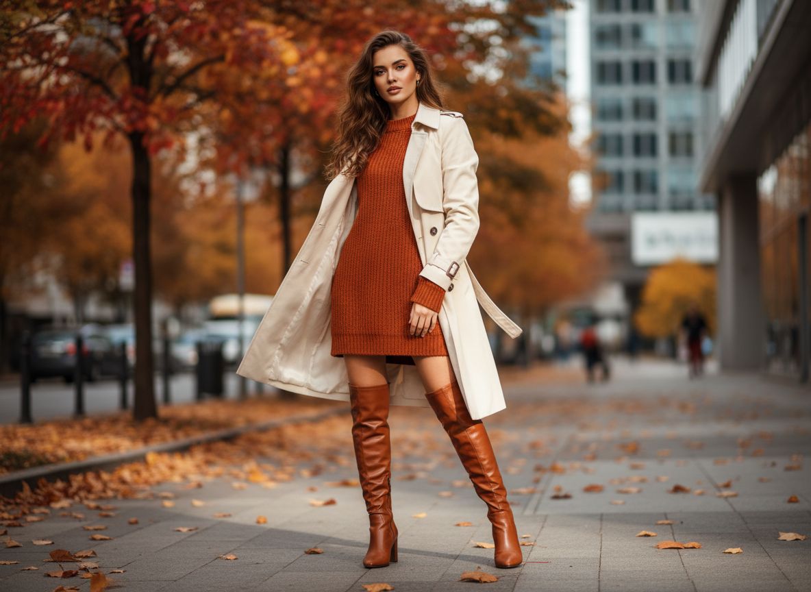 Stylová žena v elegantních vysokých botách a trenčkotu na podzimní ulici města.