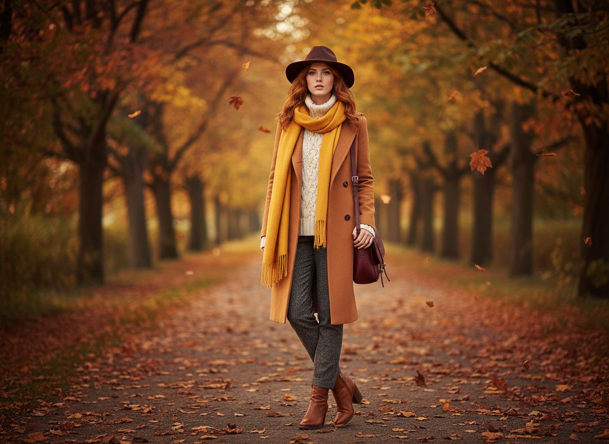 Žena v podzimním outfitu stojí na cestičce s barevnými listy, nosí vlněný kabát a pletený svetr