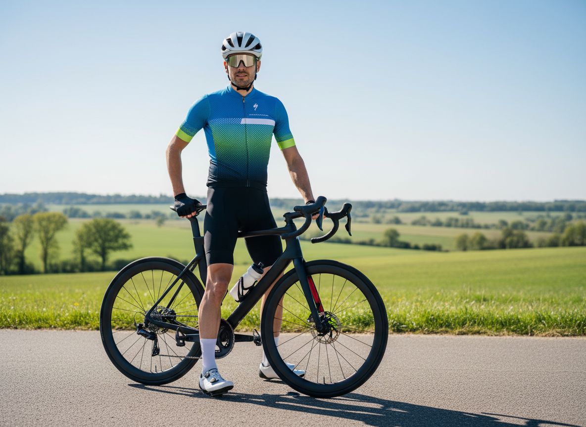 Cyklista v cyklistickém oblečení stojí u silničního kola na venkově za slunečného dne