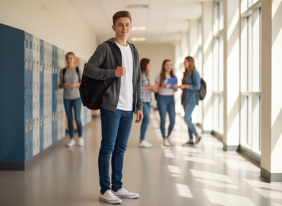 Teenager v moderní školní chodbě s batohem, oblečený v mikině, tričku, džínách a teniskách