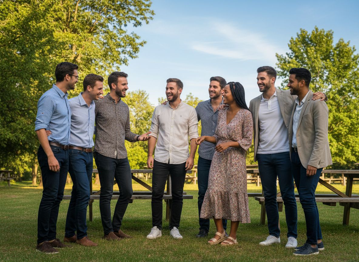 Skupina mladých profesionálů venku v parku během teambuildingu, přirozeně komunikující a usmívající se.