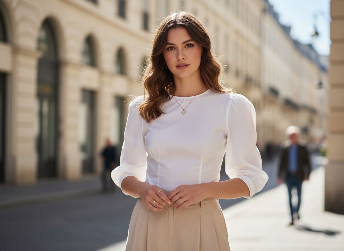 Mladá žena v bílém halenka s nabíranými rukávy a béžových kalhotách na městské ulici.