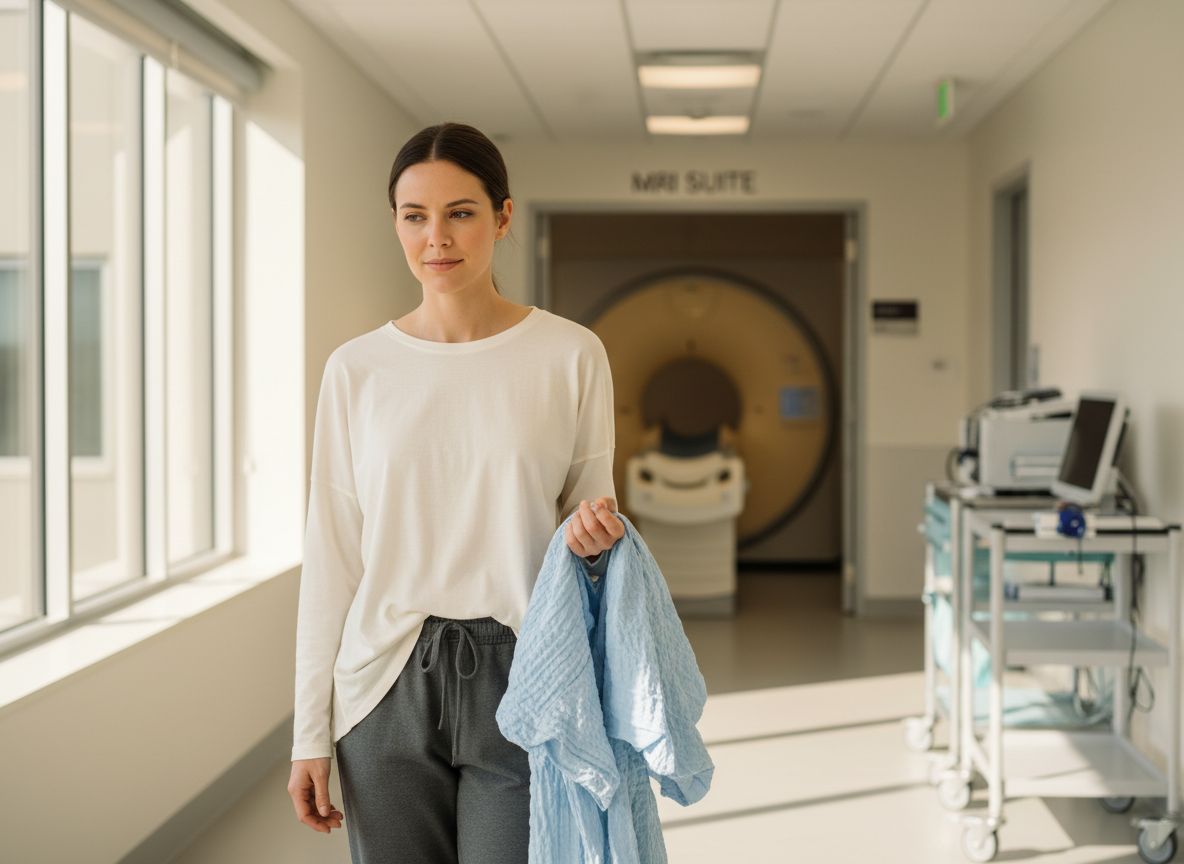 Mladá žena v moderní klinice drží nemocniční plášť, v pozadí lékařské vybavení a MRI přístroj.