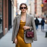 Stylová mladá žena v městském prostředí s kombinací moderního a vintage oblečení