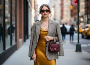 Stylová mladá žena v městském prostředí s kombinací moderního a vintage oblečení