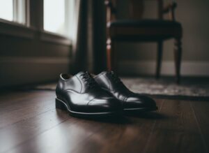 Černé kožené pohřební boty na tmavé dřevěné podlaze s jemným bočním osvětlením
