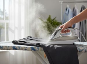 Osoba žehlí složené kalhoty na žehlicím prkně v jasně osvětlené místnosti s přírodním světlem.