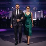 Pár v obleku a smaragdových šatech přichází na večerní MMA galavečer.